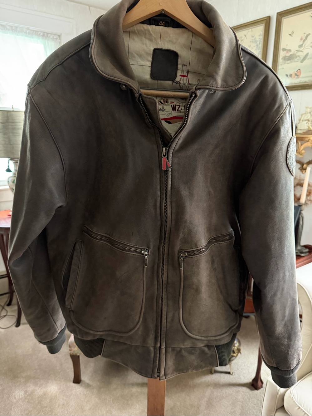 Vintage-Inspired Gray Leather Bomber Jacket by